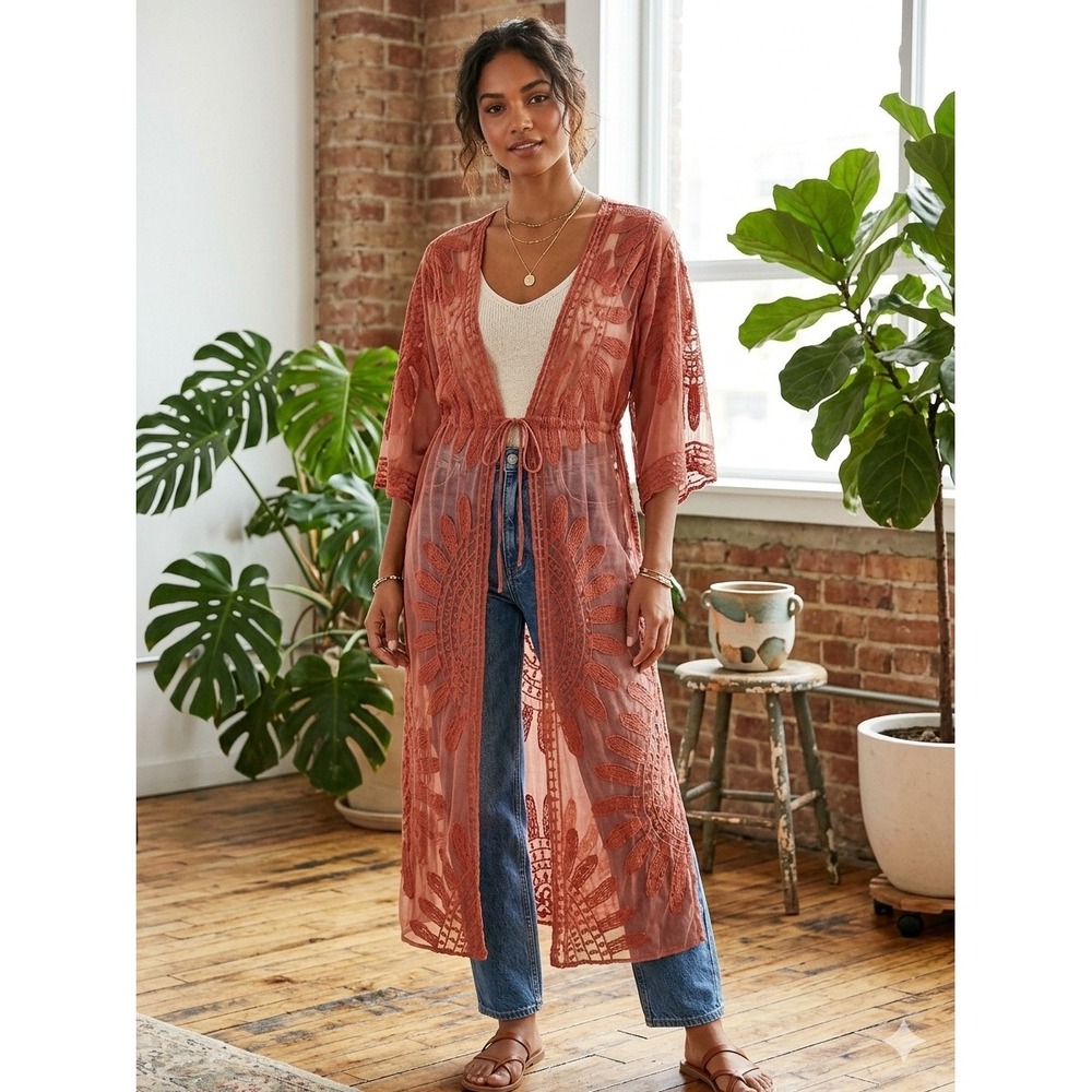 Women Terracotta Rust Embroidered Mesh Kimono Cardigan Sheer Lace Cover Up OS